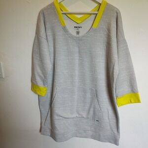 DKNY Long Sleeve V Neck Lounge Pullover‎ Sweater Sz Large Gray Yellow Pocket